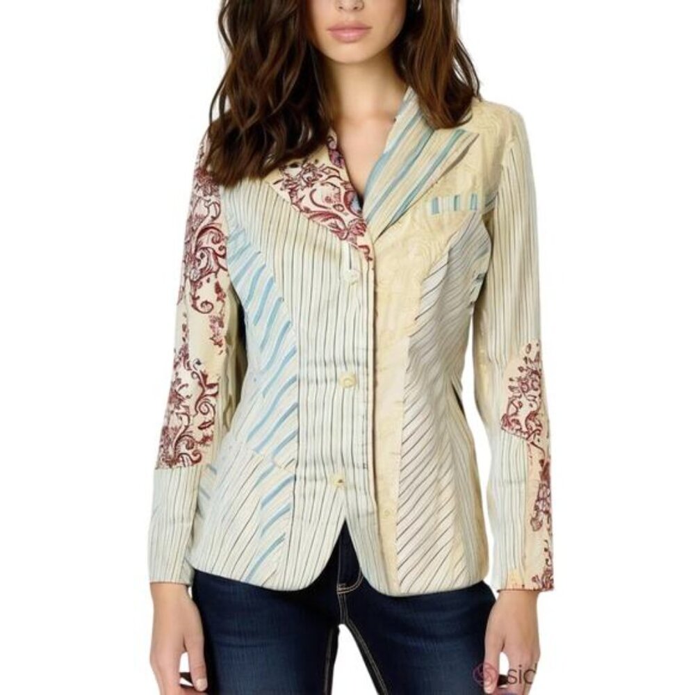 NWT Anthropologie ELEVENSES Cream Mixed Stripe & Damask Pattern Blazer Size 6
